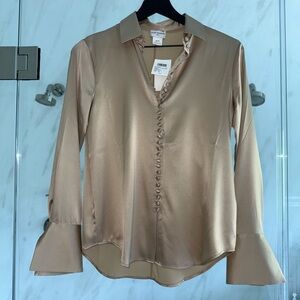 Club Monaco Silk Charmeuse Button Down Shirt- Khaki/ Sesame color